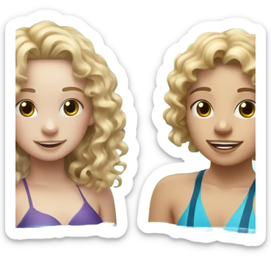 Blonde curly hair girl with freckles and white brunette girl swimming inside the pool sticker