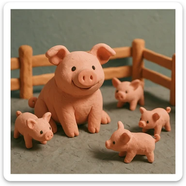 claymation style pig in a pig pen with several piglets, playful, pastel colors, visible fingerprints, textured look sticker