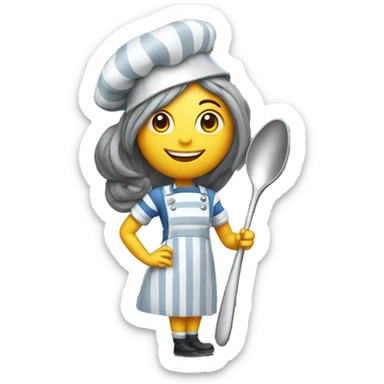 A full scale lady stripes dressed with a cooking hat and giant cooking spoon her hair is grey, and she stands in front of the camera and smiles sticker