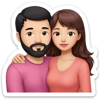 handsome asian man with black hair and beard, hugging cute woman with light tan skin and long wavy reddish brown hair, bangs, pink top, coral lipstick sticker