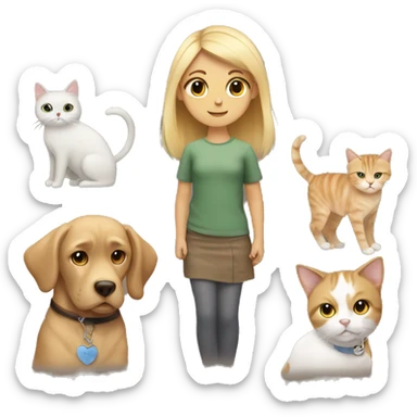 draw a girl with blond hair and brown eyes with a dog and a cat sticker