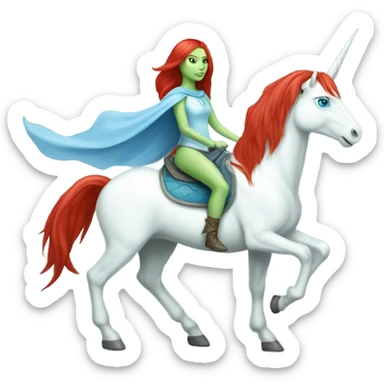 [
	{ a light green Amazon alien woman [ with red hair, with blue eyes]} 
	on a 
	[{ unicorn: white, six-legged, mane: light blue }] sticker