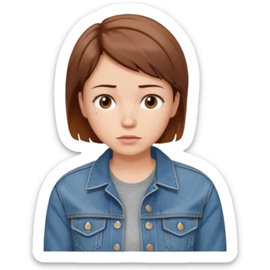 a woman with a brown short hair, looking at the left, worried, wearing a denim jacket, only upper body, high quality sticker