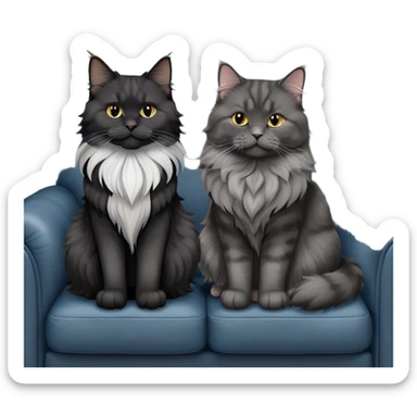 A large black smoke Maine Coon cat with long grey ear tufts and a fluffy grey ruff, sitting next to a chubby British Shorthair cat in blue color with plush fur, both sitting comfortably on a leather sofa. Beautiful room background with flowers and soft lighting. Transparent background. sticker