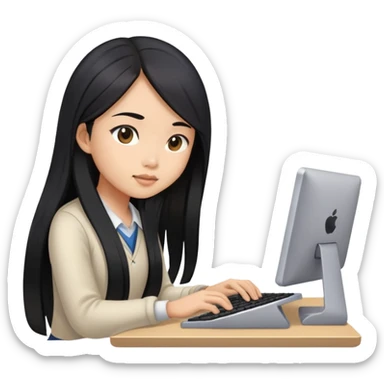 asian girl with long black hair and light brown skin typing on computer sticker