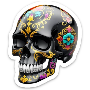 high-end glossy black skull with intricate luxury brand pattern, prismatic color accents inside skull only, professional street art quality, side view sticker