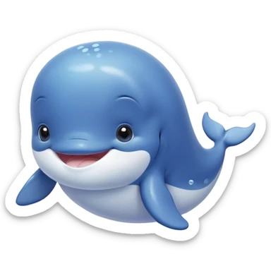 Cinematic happy baby whale, chubby rounded body, tiny smiling face, soft pastel blue hues, gentle glowing waves around, joyful and soothing. sticker