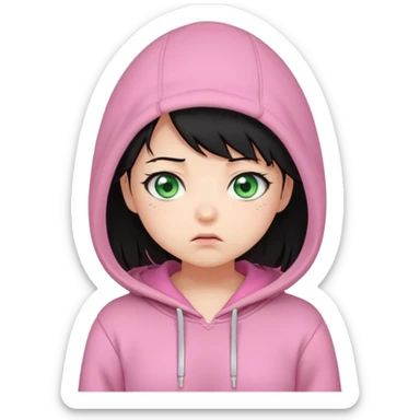 Cute chibi-style emote with exaggerated facial expressions, rounded proportions, and soft colors inspired by kawaii aesthetics.  Perplexed or uncertain look, raised eyebrow or tilted head, slightly funny and relatable. female with black hair and greeneyes wearing a pink hoodie sticker