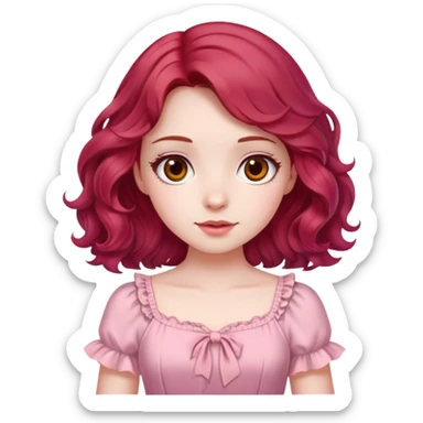 A pale girl with cherry red wavy hair and brown eyes, wearing a pink cute dress. sticker