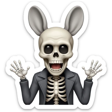 Skeleton Rick Astley screaming, but he has human ears, he still has his clothes on, the background is a blackish-gray color, and Skeleton Rick Astley is a dark gray color sticker