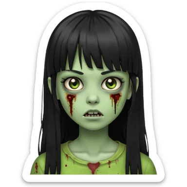 Zombie emoji girl, light green skin, black straight long hair with bangs sticker