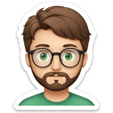 Young man with slightly curled brown poofy hair, green eyes wearing glasses, wide face with eyes set apart, bigger ears, and stubble but not a full beard sticker