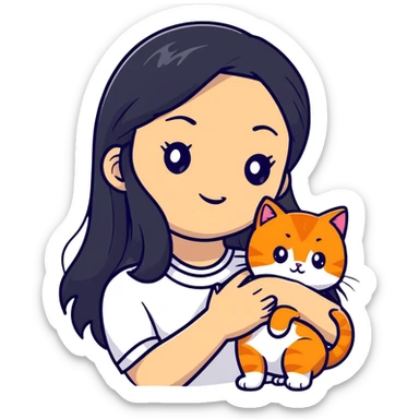 beautiful elegant girl with long black hair holding a friendly ginger cat sticker