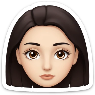 Rostro de forma ovalada con facciones delicadas. Ojos grandes y expresivos de color café oscuro, con pestañas largas y definidas. Cejas oscuras, pobladas y bien formadas. sticker