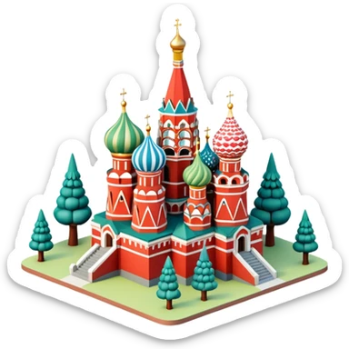 Isometric illustration of Moscow, featuring Saint Basil's Cathedral with its colorful onion domes, Red Square elements, and toy-like trees around, in miniature diorama style, soft shadows and pastel colors. sticker
