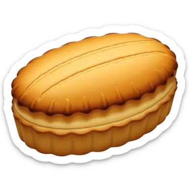 A madeleine pastry. Scalloped oval seashell shape with ONLY four to five vertical lines going in the same direction. Light golden brown. Scalloped edge. Cookie. Flat. Long. Oval shape. Lets scallops. sticker