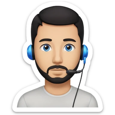 Man 30, black short hair, blue eyes and black short bears, on earpiece sticker