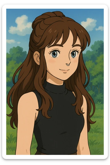a woman with brunette half-up long wavy hair, blue-grey eyes, wearing a black high neck tank top, and a septum piercing, clean illustrative style sticker