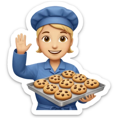 cookie factory worker emoji, waving, with cookies in the background sticker