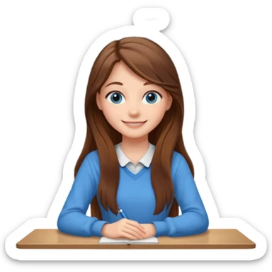 high school class room with a pretty female high school student with long brown hair, blue eyes sitting in front of the blackboard sticker