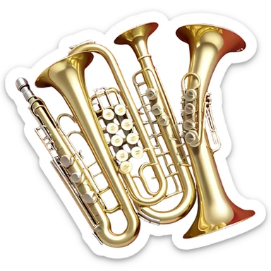 Create a festive and elegant emoji collage featuring a bouquet or fan of bells of wind instrument  (trumpets, saxophones, trombones, tubes, etc.) arranged in a radiant, symmetrical pattern. The instruments should have polished, golden and silver finishes, with their large, shiny bells forming a beautiful, fan-like display. Include a flowing ribbon of musical notes swirling through the center, conveying movement and melody. The background should feature a deep red velvet texture, adding a touch of luxury and sophistication. The overall composition should be balanced, with an elegant and regal feel, with a transparent background to keep focus on the instruments and musical elements. sticker