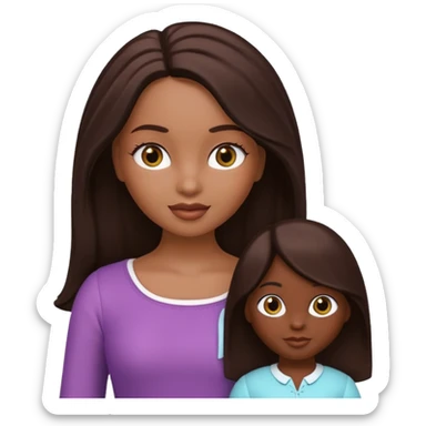 Boneca digital em estilo 3D realista e fofo, semelhante a uma boneca colecionável. Mulher jovem com pele negra, olhos castanhos escuros, cabelo liso cor chocolate, longo e bem alinhado.  sticker
