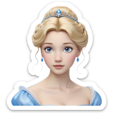 Cinematic Realistic Cinderella Portrait, depicted with lifelike skin texture, subtle rosy undertones, and soft natural lighting that enhances the gentle contours of her face. Her intricately detailed golden blonde hair is elegantly styled in an updo, with delicate wisps framing her face. Her deep, expressive blue eyes radiate warmth and sincerity, reflecting a quiet resilience and grace. She holds a glass slipper gently in one hand, her other hand resting gracefully at her side, emphasizing the timeless beauty of the moment. She is dressed in her iconic ball gown, the fabric shimmering with intricate embroidery and fine translucent layers that catch the light beautifully. The soft sheen of satin gloves adds a magical touch to her graceful pose. The portrait features an enchanting glow with a natural, luminous finish, seamlessly blending realism and fairytale charm to evoke a sense of depth, elegance, and timeless beauty. sticker