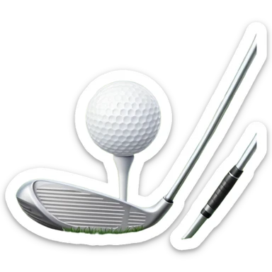 A golf ball on a tee with a golf club placed beside it, set against the backdrop of a well-manicured green golf course. The scene emphasizes the equipment and serene atmosphere of the sport, with soft lighting and a peaceful, open landscape sticker