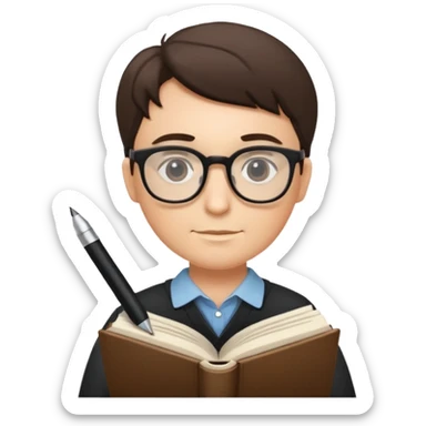 writer holding big pen and book, wearing glasses sticker