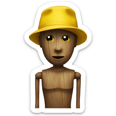 a wood mannequin with no legs and a yellow hat sticker