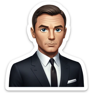 Cinematic Realistic James Bond Portrait Emoji, depicted as a suave, sophisticated secret agent in a tailored suit with a cool, composed gaze and an air of stealth and charm, rendered with crisp textures and dynamic cinematic lighting that captures his timeless espionage allure. sticker
