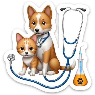 An icon featuring a stethoscope, a paw print, and a syringe, symbolizing veterinary medicine. The design includes a dog and a cat, alongside medical tools, representing animal care, diagnosis, and treatment. Transparent background highlights the science of animal health and well-being. sticker