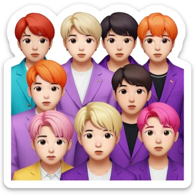 Cinematic Realistic group portrait of BTS featuring all 7 members in stylish modern attire, with detailed facial expressions and vibrant colors, captured in dynamic, contemporary lighting that emphasizes their global pop icon status sticker
