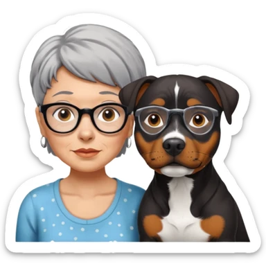 ONE Pit bull Rottweiler mix with white muzzle and spots on muzzle next to ONE older woman with really short grey hair and brown eyes sticker