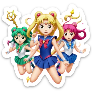 Icon for Anime: vibrant, dynamic scene with heros from Bishoujo Senshi Sailor Moon in action, featuring exaggerated expressions and colorful backgrounds. The design should reflect the distinct, energetic style of anime, with iconic eyes and unique visual elements. Transparent background. sticker