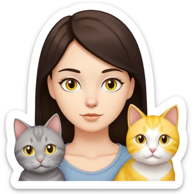 white girl wirh dark brown hair with 2 yellow cats and one light grey cat sticker