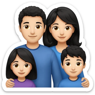 Hispanic family of five smiling: mom with long straight hair, dad with short curly hair, two boys with matching short hair, and a girl with long straight hair sticker