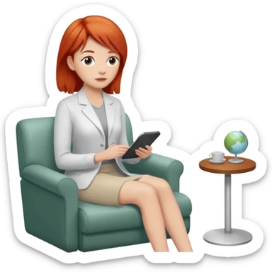 “Red-haired therapist in a calm, modern therapy room, attentively listening to a client, warm lighting, realistic style.” sticker