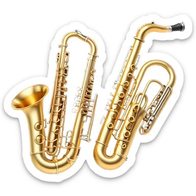 Create a professional and elegant emoji collage symbolizing wind instruments, using a combination of copper, white metal, and black wood. The design should feature iconic instruments like a trumpet, saxophone, tube, oboe, and horn. Each instrument should be represented with its key elements clearly visible.
Each instrument should be designed with realistic textures, including the gleam of metal and the deep, rich tone of black wood. Arrange the instruments in a balanced and harmonious way, making sure the elements are easily recognizable. Use metallic gold, silver, and copper tones with black wood accents. The background should be transparent to highlight the instruments. sticker