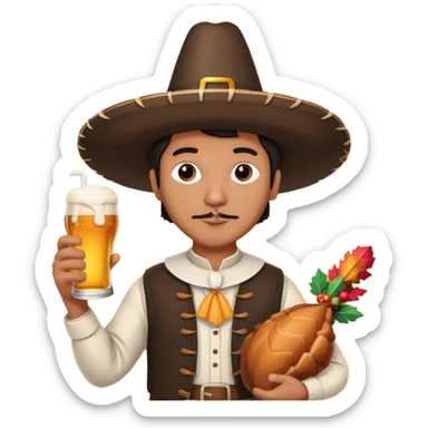 Mexican man dressesd as  Thanksgiving pilgram holding a large drumstick and Corona beer sticker