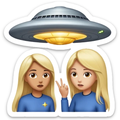 A girl with dark hair and a tan skin and a girl with long blonde hair getting sucked up by a ufo sticker