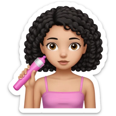 A black 12 yr old girl brushing her shoulder length hair, doe eyes, almond eyes pink tube top and black hair like the 3rd sticker