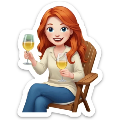Laughing redhead with long hair and blue eyes holding chardonnay sitting in chair beside fire pit  sticker