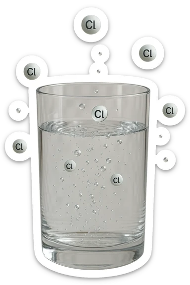 un bicchiere di acqua fluttua in aria realistico e dettagliato, dentro l'acqua del bicchiere ci sono particelle di cloro ben visibili con la scritta "Cl" sopra, ci sono particelle anche che escono dal bicchiere e fluttuano in aria verticalmente, mentre alcune sono all'interno dell'acqua nel bicchiere, iperrealistico 4k sticker