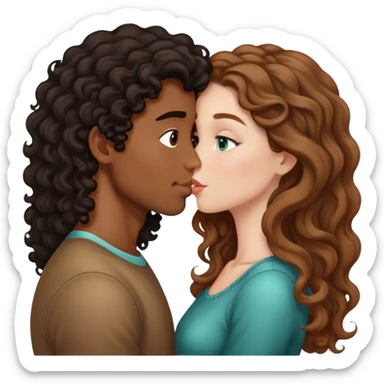 White girl with brown hair kissing a brown boy with curly hair  sticker