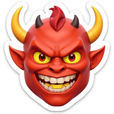 Muscular red devil emoji, black horns, glowing yellow eyes, sharp teeth, evil smile, defined abs, glossy red skin, dramatic lighting, 3D Pixar style, high detail sticker