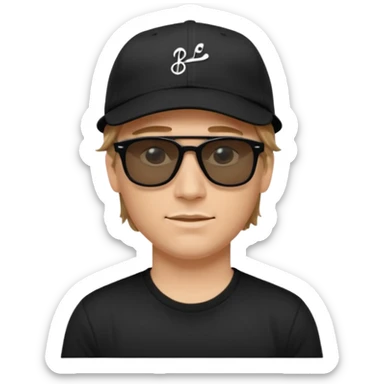 “Emoji of a white man with light brown hair under a black baseball cap, wearing a black t‑shirt and 1980s‑style black Ray‑Ban rectangle sunglasses, with black musical notes floating around his head, modern iOS emoji style. sticker