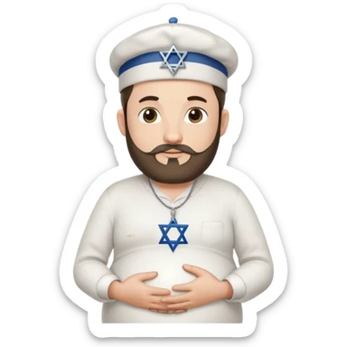 Pregnant Jewish man facing left with hands on belly, wearing a kippah and Star of David necklace, with facial hair sticker
