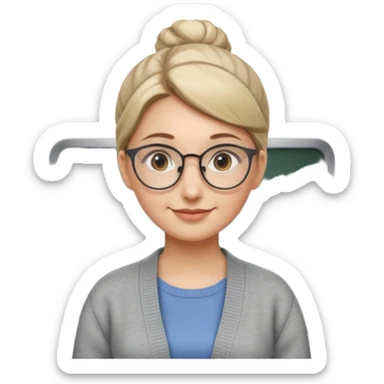 Librarian Style – neat bun, thin metal glasses, calm gentle smile.














































 sticker