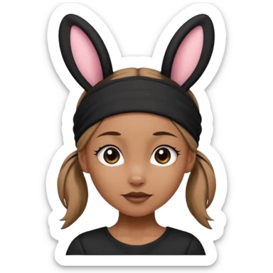 "A tan-skinned person with a high brown ponytail wearing a headband with black bunny ears. The character is dressed in a stylish black outfit. The emoji style should be cute, expressive, and modern — simple but detailed enough to show the ponytail, bunny ears, and outfit clearly." sticker